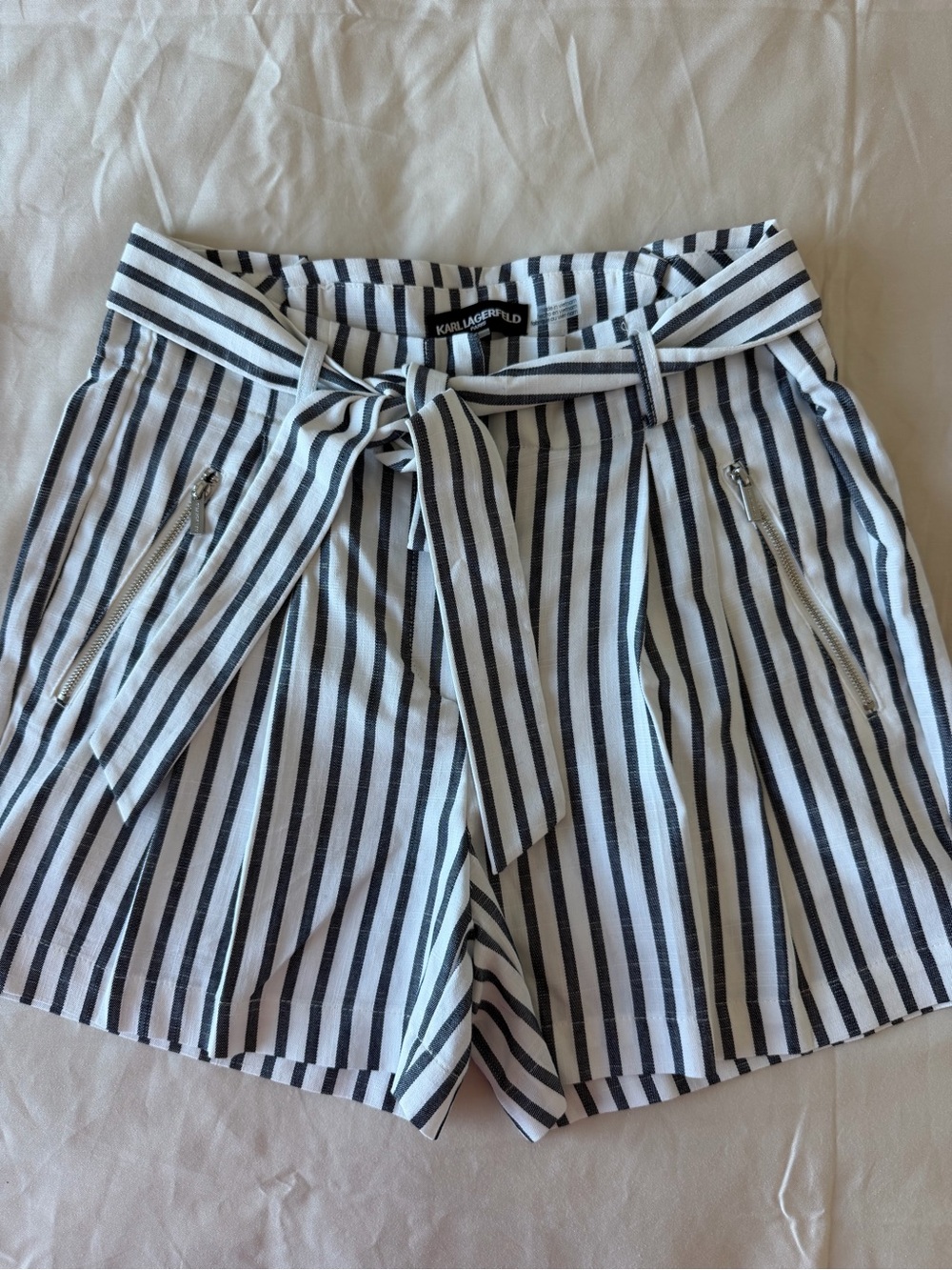 Karl Lagerfeld Black and White Vertical Stripe Tie-Front Shorts size 10